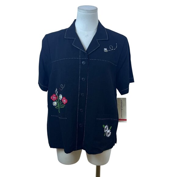 Alfred Dunner Women's Black Embroidered Floral Blouse Short Sleeve Size 8 - New - Picture 1 of 10